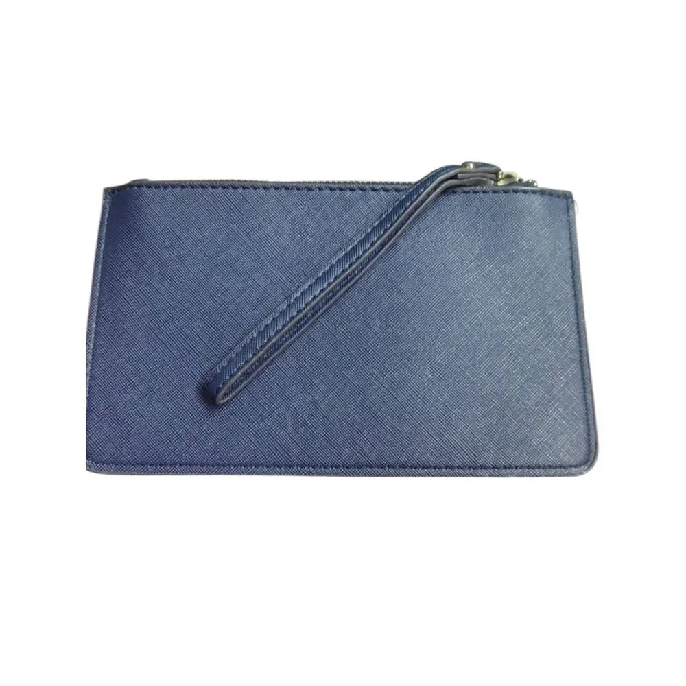 Kate Spade New York Navy Blue Saffiano Leather Wristlet Gold Logo Polka Dot Lini